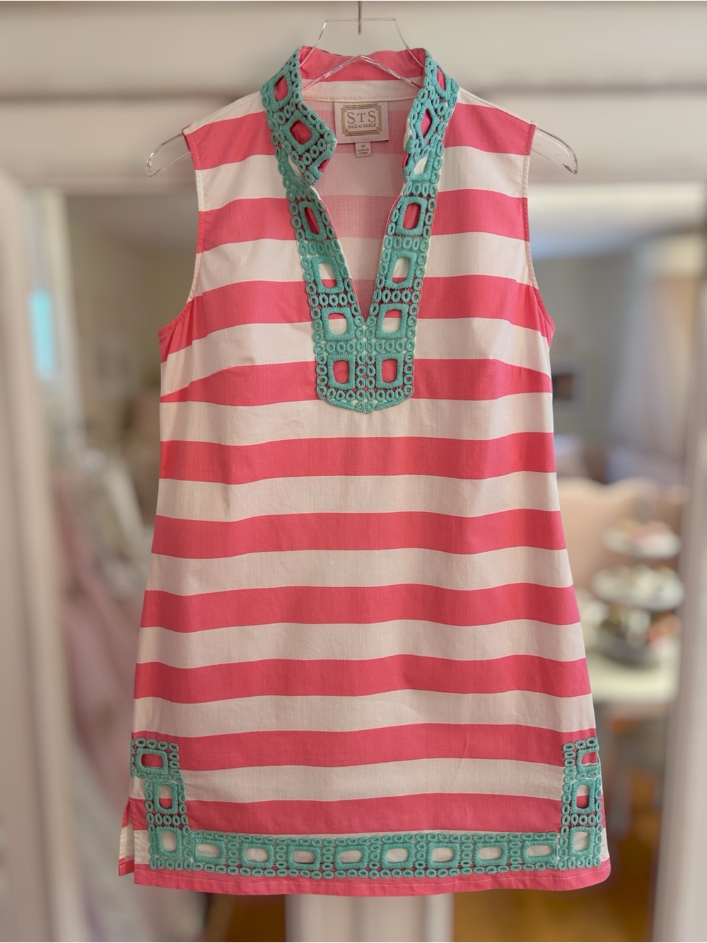 Sail to Sable Sleeveless Pink & White Stripe Tunic Dress with Lace Trim